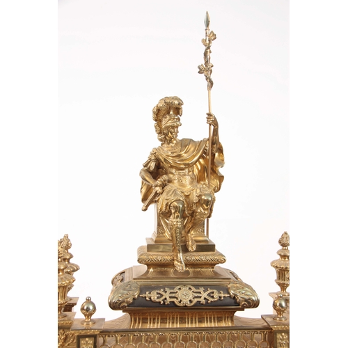 874 - A LARGE LATE 19th CENTURY FRENCH ORMOLU AND EBONISED MANTEL CLOCK the case surmounted by a seated so... 