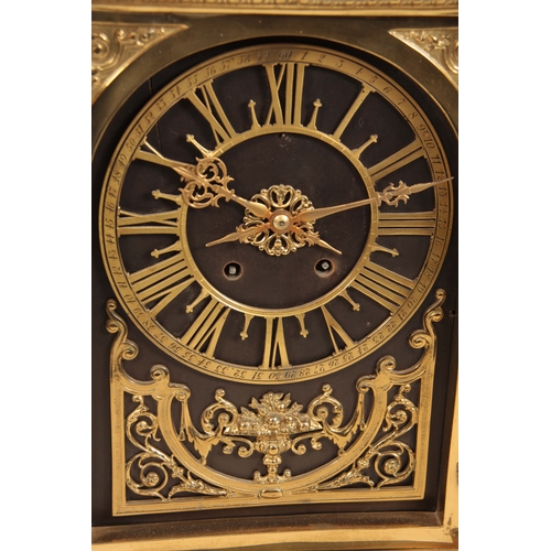 874 - A LARGE LATE 19th CENTURY FRENCH ORMOLU AND EBONISED MANTEL CLOCK the case surmounted by a seated so... 