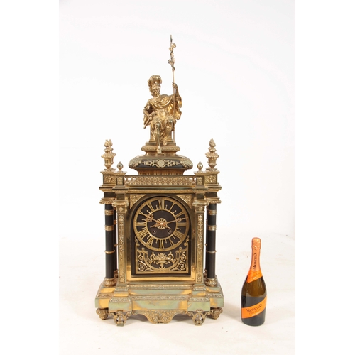 874 - A LARGE LATE 19th CENTURY FRENCH ORMOLU AND EBONISED MANTEL CLOCK the case surmounted by a seated so... 