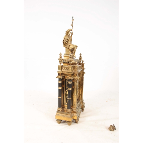 874 - A LARGE LATE 19th CENTURY FRENCH ORMOLU AND EBONISED MANTEL CLOCK the case surmounted by a seated so... 