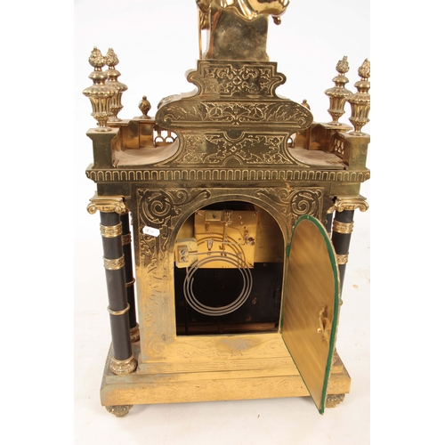 874 - A LARGE LATE 19th CENTURY FRENCH ORMOLU AND EBONISED MANTEL CLOCK the case surmounted by a seated so... 