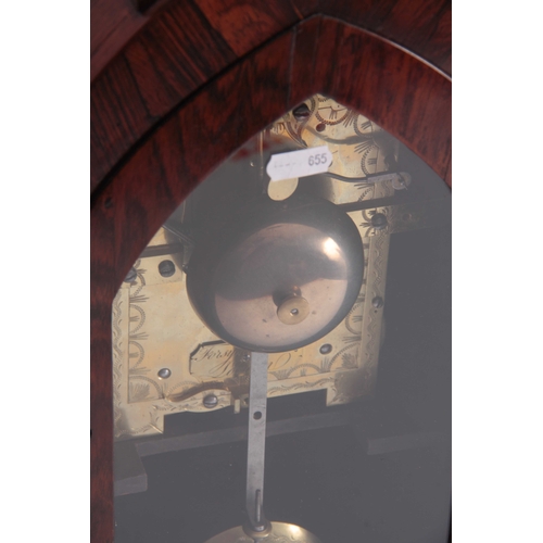 879 - FORSYTH & MALTER, LONDON A REGENCY ROSEWOOD BRACKET CLOCK having a gadrooned finial above a lancet t... 