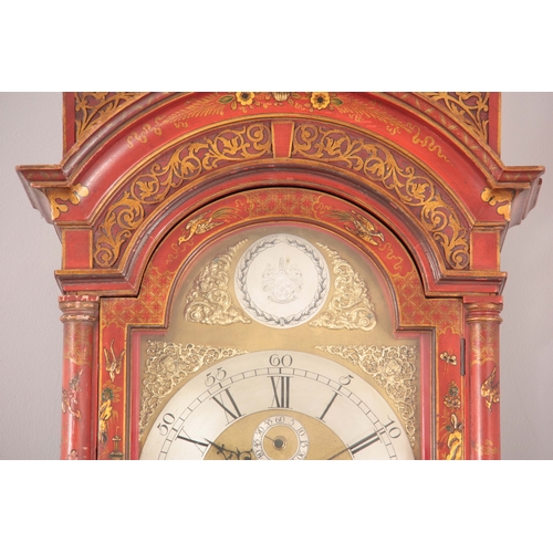 894 - THOMAS WATKIN, LONDINI, FECIT. A GEORGE I STYLE RED LACQUERED QUARTER CHIMING LONGCASE CLOCK the cad... 