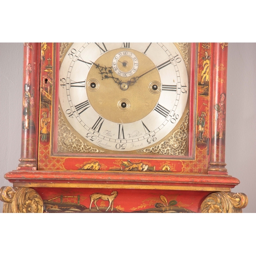 894 - THOMAS WATKIN, LONDINI, FECIT. A GEORGE I STYLE RED LACQUERED QUARTER CHIMING LONGCASE CLOCK the cad... 