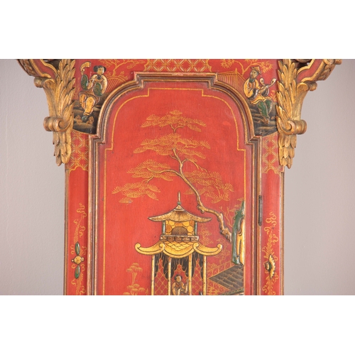 894 - THOMAS WATKIN, LONDINI, FECIT. A GEORGE I STYLE RED LACQUERED QUARTER CHIMING LONGCASE CLOCK the cad... 