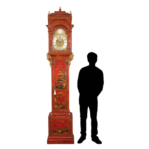 894 - THOMAS WATKIN, LONDINI, FECIT. A GEORGE I STYLE RED LACQUERED QUARTER CHIMING LONGCASE CLOCK the cad... 