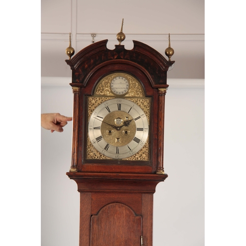 895 - GAERN BROWN, EDLINGHAM. A MID 18th CENTURY LONGCASE CLOCK having a break arched hood on slender case... 