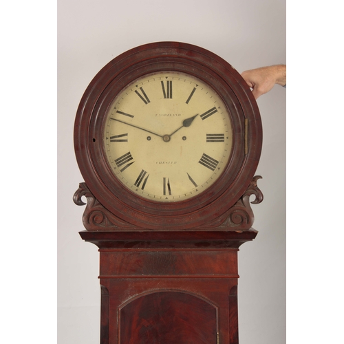 902 - T. MORELAND, CHESTER. A MID 19th CENTURY FIGURED MAHOGANY WALL CLOCK the case with moulded bezel and... 