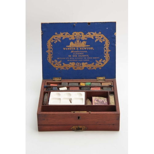 903 - A 19TH CENTURY WINSOR & NEWTON MAHOGANY ARTIST BOX with fitted interior and labeled shallow lift out... 