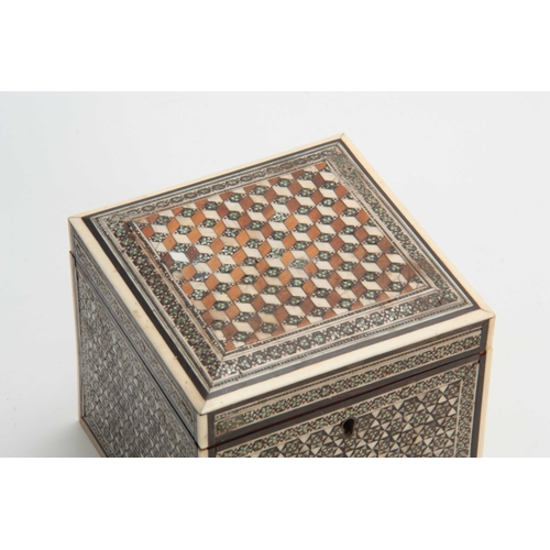 905 - A LATE 19TH CENTURY ANGLO INDIAN MICRO MOSAIC MOTHER OF PEARL, IVORY, EBONY AND SANDALWOOD TEA CADDY... 