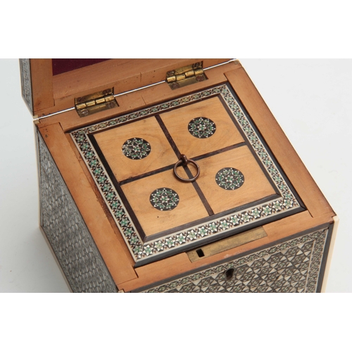 905 - A LATE 19TH CENTURY ANGLO INDIAN MICRO MOSAIC MOTHER OF PEARL, IVORY, EBONY AND SANDALWOOD TEA CADDY... 