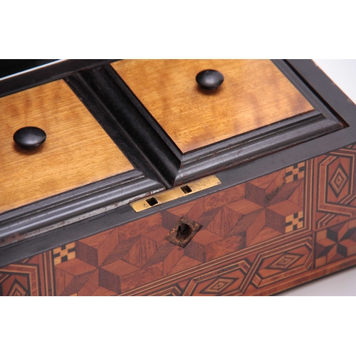 906 - A 19TH CENTURY TUNBRIDGE WARE TEA CADDY with hinged inlaid top revealing a fitted interior with two ... 