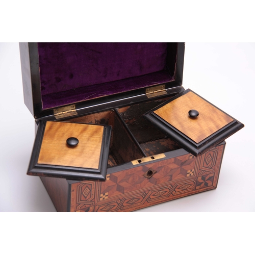 906 - A 19TH CENTURY TUNBRIDGE WARE TEA CADDY with hinged inlaid top revealing a fitted interior with two ... 