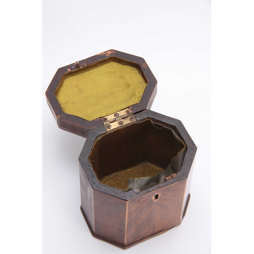 909 - A GEORGE III FLAMED MAHOGANY OCTAGONAL SHAPED TEA CADDY with cross-banded and boxwood edges, having ... 