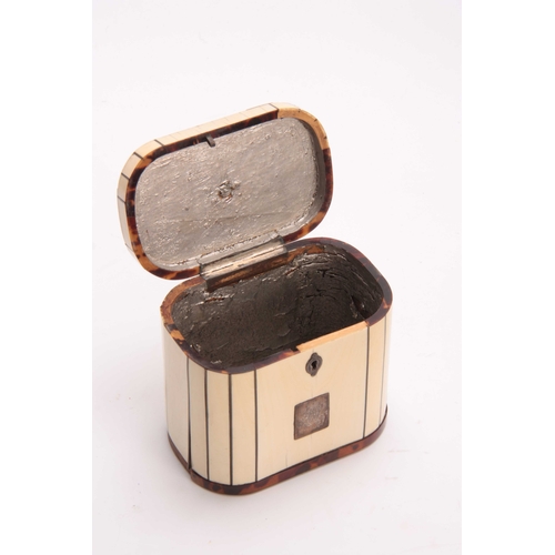 910 - A GEORGE III IVORY TEA CADDY having rounded corners inlaid with silver wirework and tortoiseshell ba... 