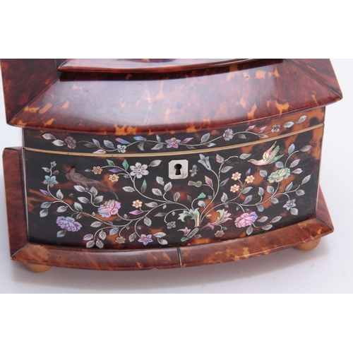 912 - A GOOD LATE REGENCY TORTOISESHELL AND MOTHER F PEARL INLAID BOWFRONT TEA CADDY with flower spray pan... 