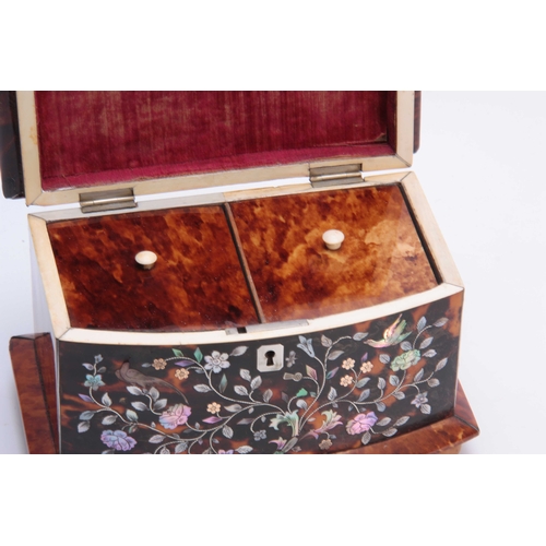 912 - A GOOD LATE REGENCY TORTOISESHELL AND MOTHER F PEARL INLAID BOWFRONT TEA CADDY with flower spray pan... 