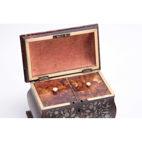 914 - AN EARLY 19TH CENTURY MOTHER OF PEARL INLAID TORTOISESHELL PAGODA SHAPED TEA CADDY decorated with fl... 