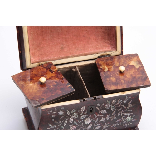 914 - AN EARLY 19TH CENTURY MOTHER OF PEARL INLAID TORTOISESHELL PAGODA SHAPED TEA CADDY decorated with fl... 