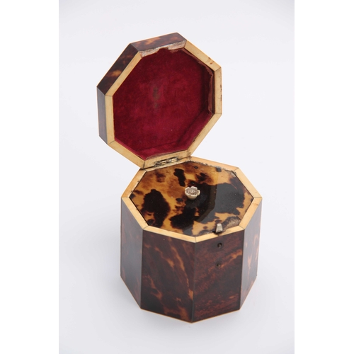 915 - A 19TH CENTURY TORTOISESHELL VENEERED OCTAGONAL SHAPED TEA CADDY with silver wire edges having a hin... 