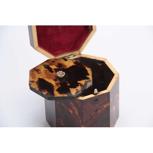 915 - A 19TH CENTURY TORTOISESHELL VENEERED OCTAGONAL SHAPED TEA CADDY with silver wire edges having a hin... 