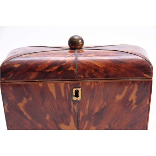 916 - AN EARLY 19TH CENTURY TORTOISESHELL TEA CADDY of tapering form with rounded corners having silver wi... 