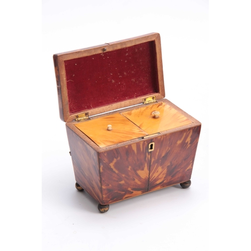 916 - AN EARLY 19TH CENTURY TORTOISESHELL TEA CADDY of tapering form with rounded corners having silver wi... 