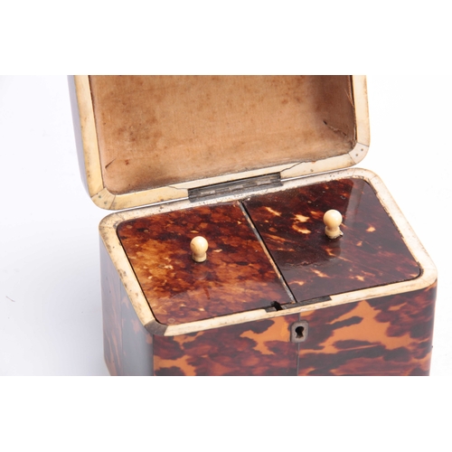 917 - AN EARLY 19TH CENTURY TORTOISESHELL TEA CADDY with rounded corners having ivory and silver wire inla... 