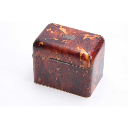 917 - AN EARLY 19TH CENTURY TORTOISESHELL TEA CADDY with rounded corners having ivory and silver wire inla... 