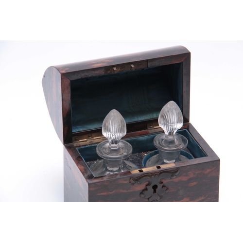 918 - A 19TH CENTURY LANCET TOP SHAPED TORTOISESHELL MINATURE DECANTER BOX having a hinged lid revealing a... 