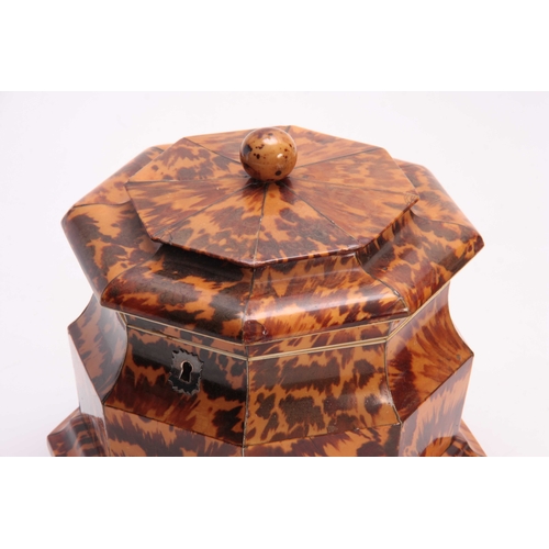 919 - A LARGE EARLY 19TH CENTURY PAGODA SHAPED TORTOISESHELL OCTAGONAL TEA CADDY with silver wire edges an... 