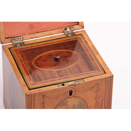 920 - A GEORGE III DOME TOPPED INLAID SATINWOOD TEA CADDY with oval panels having painted classical scenes... 