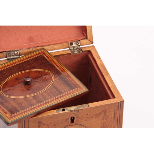 920 - A GEORGE III DOME TOPPED INLAID SATINWOOD TEA CADDY with oval panels having painted classical scenes... 