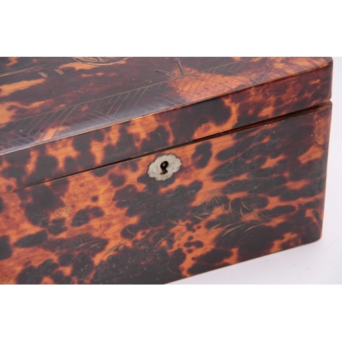 921 - A LATE 19TH CENTURY TORTOISESHELL VENEERED AND LACQUER WORK TEA CADDY with divided lidded interior a... 