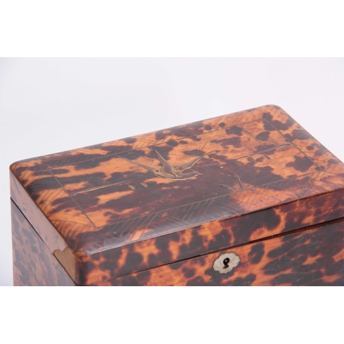 921 - A LATE 19TH CENTURY TORTOISESHELL VENEERED AND LACQUER WORK TEA CADDY with divided lidded interior a... 