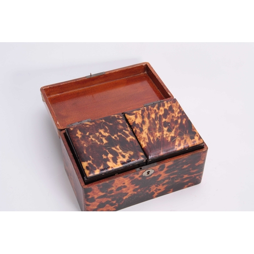 921 - A LATE 19TH CENTURY TORTOISESHELL VENEERED AND LACQUER WORK TEA CADDY with divided lidded interior a... 