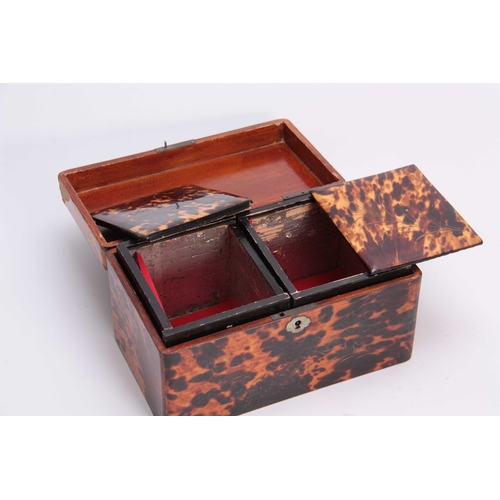 921 - A LATE 19TH CENTURY TORTOISESHELL VENEERED AND LACQUER WORK TEA CADDY with divided lidded interior a... 