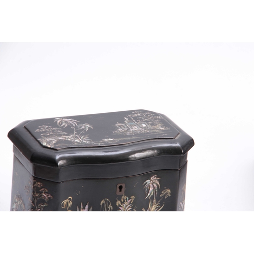 922 - A 19TH CENTURY EBONISED SERPENTINE SHAPED TEA CADDY DECORATED WITH MOTHER OF PEARL ORIENTAL SCENES t... 