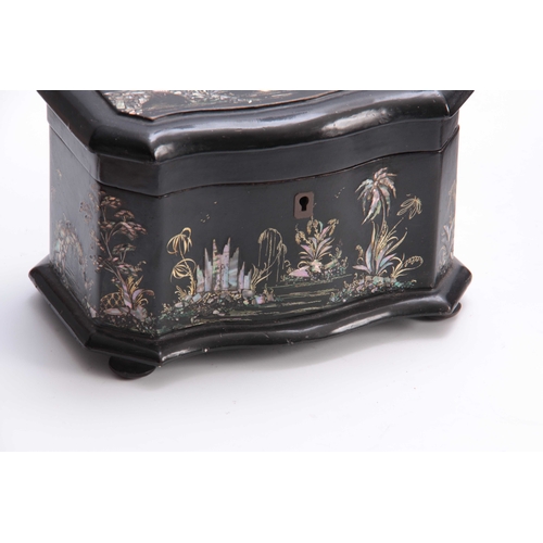 922 - A 19TH CENTURY EBONISED SERPENTINE SHAPED TEA CADDY DECORATED WITH MOTHER OF PEARL ORIENTAL SCENES t... 