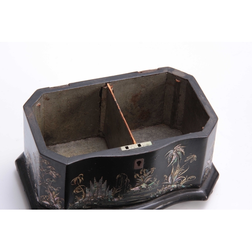 922 - A 19TH CENTURY EBONISED SERPENTINE SHAPED TEA CADDY DECORATED WITH MOTHER OF PEARL ORIENTAL SCENES t... 