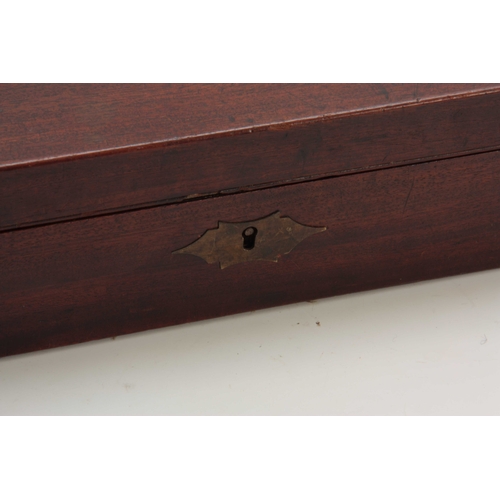 949 - A GEORGE III MAHOGANY SHALLOW BOX with inset brass handle to the lid - possibly fitted with a pair o... 