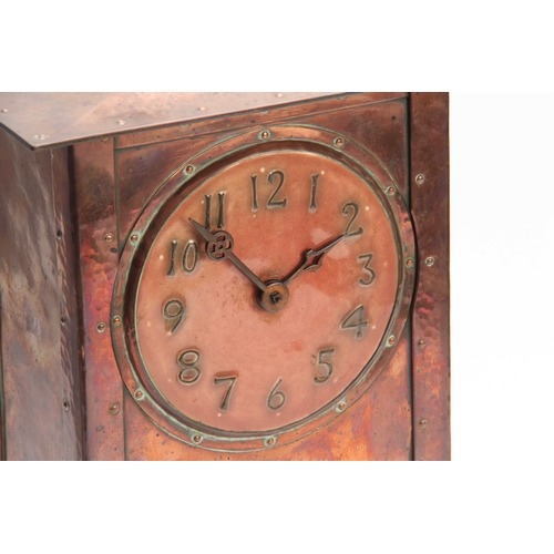 954 - A NICE QUALITY ARTS AND CRAFTS COPPER MANTEL CLOCK WITH RUSKIN DIAL in the manner of Richard Llewell... 