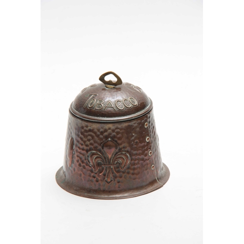 958 - AN ARTS AND CRAFTS HAMMERED COPPER TOBACCO JAR AND COVER with floral decoration and Fleur-de-lis - s... 