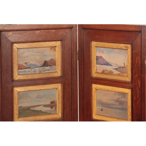 972 - AN ART DECO STYLE OAK FOUR FOLD SCREEN having 32 impressionist oils on board landscape panels depict... 