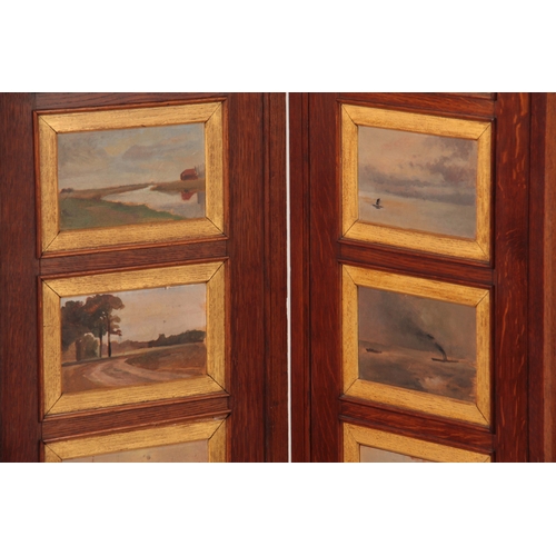 972 - AN ART DECO STYLE OAK FOUR FOLD SCREEN having 32 impressionist oils on board landscape panels depict... 