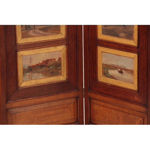 972 - AN ART DECO STYLE OAK FOUR FOLD SCREEN having 32 impressionist oils on board landscape panels depict... 