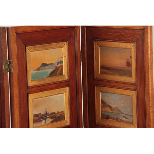 972 - AN ART DECO STYLE OAK FOUR FOLD SCREEN having 32 impressionist oils on board landscape panels depict... 