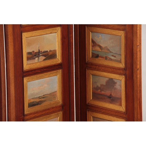 972 - AN ART DECO STYLE OAK FOUR FOLD SCREEN having 32 impressionist oils on board landscape panels depict... 