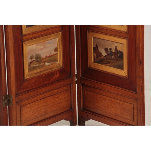 972 - AN ART DECO STYLE OAK FOUR FOLD SCREEN having 32 impressionist oils on board landscape panels depict... 