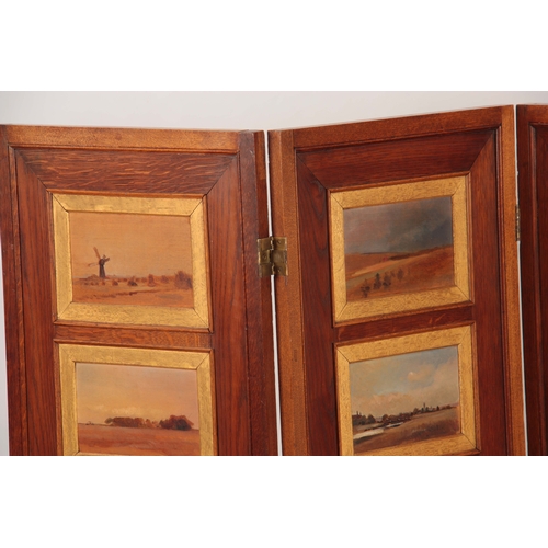 972 - AN ART DECO STYLE OAK FOUR FOLD SCREEN having 32 impressionist oils on board landscape panels depict... 